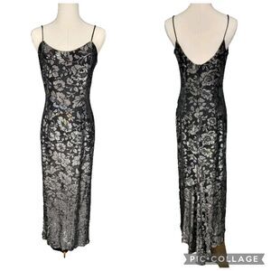 Jessica McClintock Gunne Sax Metallic Floral Slip Maxi Dress Black Silver 90s